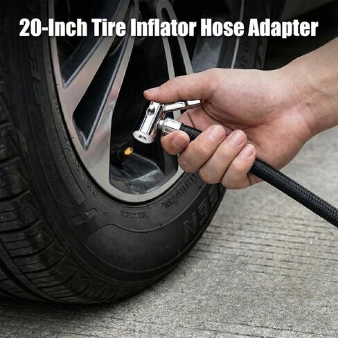 20'' Tire Inflator Hose Extension with 90 Degree Lock on Air Chuck, Heavy Duty Air Compressor Hose Adapter, Portable Tire Pump Replacement for Car, Bike Presta & Schrader, Ball Needle Included in Kuwait