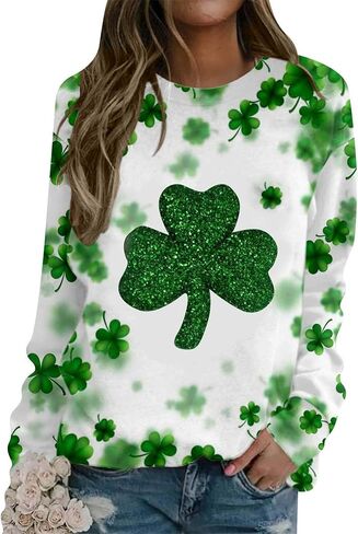 Women’s Long Sleeve Shamrock Crew Neck Shirt Tunic Tops Clover St Patricks Day Pullover Sweatshirt in Saudi Arabia