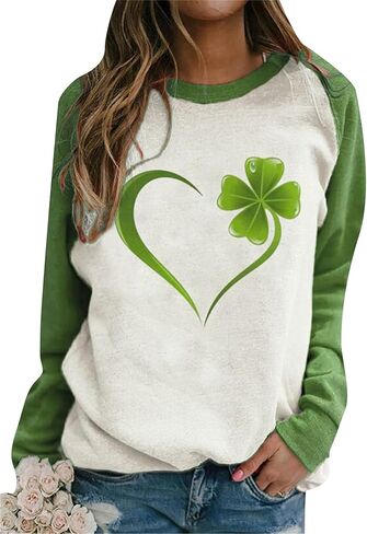 Women’s Long Sleeve Shamrock Crew Neck Shirt Tunic Tops Clover St Patricks Day Pullover Sweatshirt in Saudi Arabia