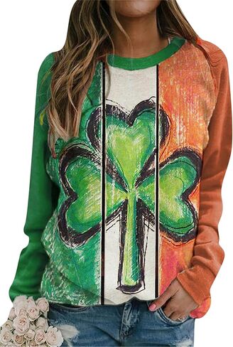 Women’s Long Sleeve Shamrock Crew Neck Shirt Tunic Tops Clover St Patricks Day Pullover Sweatshirt in Saudi Arabia