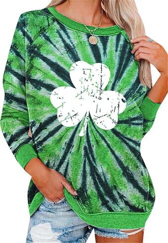 Women’s Long Sleeve Shamrock Crew Neck Shirt Tunic Tops Clover St Patricks Day Pullover Sweatshirt in Saudi Arabia