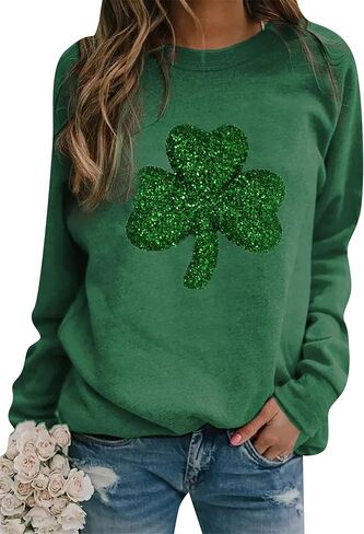 Women’s Long Sleeve Shamrock Crew Neck Shirt Tunic Tops Clover St Patricks Day Pullover Sweatshirt in Saudi Arabia
