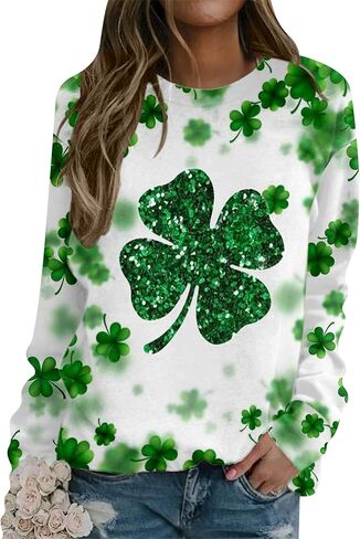 Women’s Long Sleeve Shamrock Crew Neck Shirt Tunic Tops Clover St Patricks Day Pullover Sweatshirt in Saudi Arabia