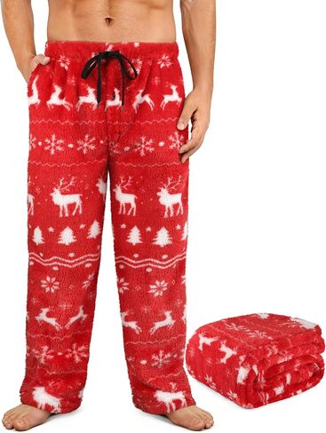 Mens Plush Pajama Pants Fluffy Ultra Soft Fleece Pajama Bottoms Warm Winter Sleepwear PJ Lounge Pants with Pockets Large, Black Red Buffalo Plaid in Saudi Arabia
