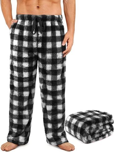 Mens Plush Pajama Pants Fluffy Ultra Soft Fleece Pajama Bottoms Warm Winter Sleepwear PJ Lounge Pants with Pockets Large, Black Red Buffalo Plaid in Saudi Arabia
