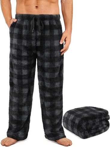 Mens Plush Pajama Pants Fluffy Ultra Soft Fleece Pajama Bottoms Warm Winter Sleepwear PJ Lounge Pants with Pockets Large, Black Red Buffalo Plaid in Saudi Arabia