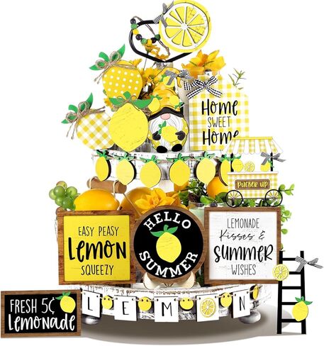 Bucherry 19 Pcs Summer Lemon Tiered Tray Decor Set Farmhouse Wood Summer Table Decorations Rustic Lemon Wooden Table Signs Summer Tiered Tray Decor for Home Kitchen Shelf Tabletop in Saudi Arabia