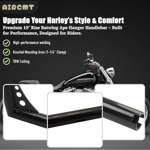 10 Inch Rise 1-1/4'' Batwing Ape Hangers Handlebar Compatible With Harley Softail FLST FXST Sportster XL 883 1200 Touring Road Glide+Road King (Gloss Black) in Kuwait