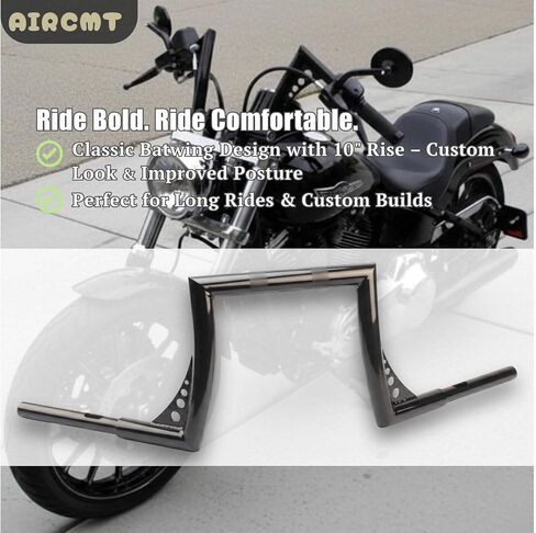 10 Inch Rise 1-1/4'' Batwing Ape Hangers Handlebar Compatible With Harley Softail FLST FXST Sportster XL 883 1200 Touring Road Glide+Road King (Gloss Black) in Kuwait