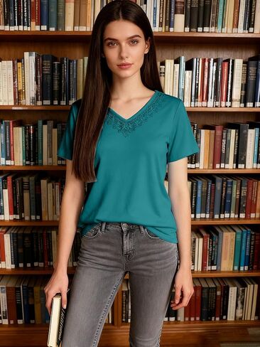 Women’s Lace V Neck Short Sleeve T Shirt, Lightweight Casual Summer Top, Soft Basic Tee for Everyday Wear in Saudi Arabia