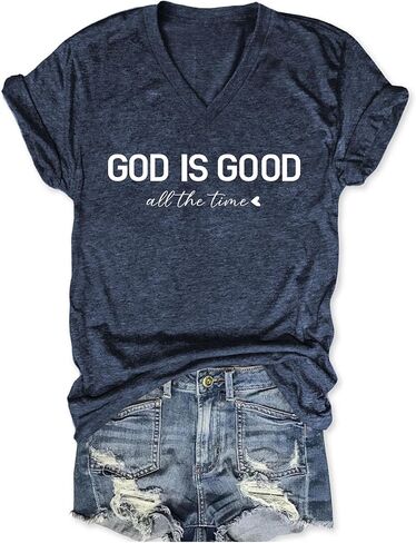 God is Good All The Time Shirt Faith Shirts for Women Graphic Short Sleeve V Neck T-Shirt Trendy Printed Tees Top in Saudi Arabia