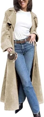 ebossy Women's Fashion Faux Suede Open Front Long Trench Coat Notched Lapel Double Breasted Maxi Overcoat with Belt in Saudi Arabia