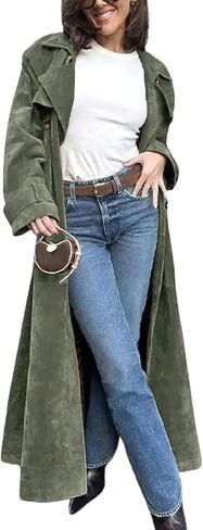 ebossy Women's Fashion Faux Suede Open Front Long Trench Coat Notched Lapel Double Breasted Maxi Overcoat with Belt in Saudi Arabia