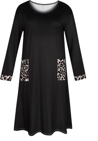 Plus-Size Women's Long-Sleeved Nightgown: Black Base With Leopard Print Pockets, Round Neck, Soft Fabric, Loungewear in Saudi Arabia