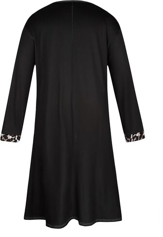 Plus-Size Women's Long-Sleeved Nightgown: Black Base With Leopard Print Pockets, Round Neck, Soft Fabric, Loungewear in Saudi Arabia