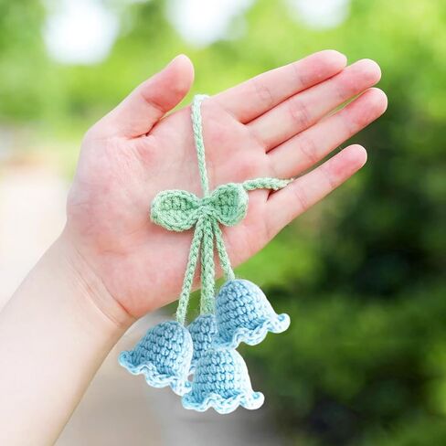 Crochet Lily of The Valley Car Hanging Decor, Handmade Floral Keychain for Rearview Mirror, Gift for Women, Car Lovers，Cute Car Accessories Gift for Women, Mothers Day in Saudi Arabia