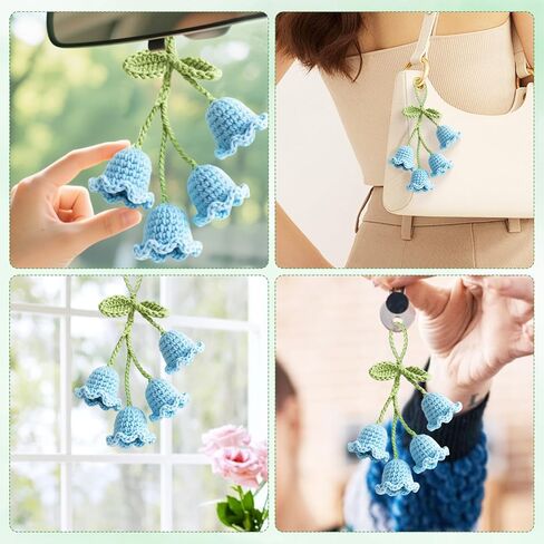 Crochet Lily of The Valley Car Hanging Decor, Handmade Floral Keychain for Rearview Mirror, Gift for Women, Car Lovers，Cute Car Accessories Gift for Women, Mothers Day in Saudi Arabia
