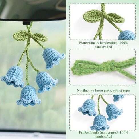 Crochet Lily of The Valley Car Hanging Decor, Handmade Floral Keychain for Rearview Mirror, Gift for Women, Car Lovers，Cute Car Accessories Gift for Women, Mothers Day in Saudi Arabia