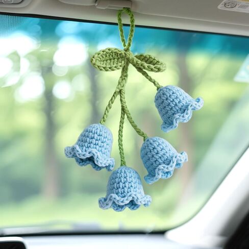 Crochet Lily of The Valley Car Hanging Decor, Handmade Floral Keychain for Rearview Mirror, Gift for Women, Car Lovers，Cute Car Accessories Gift for Women, Mothers Day in Saudi Arabia