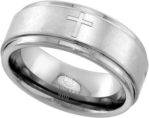 Sabrina Silver Tungsten Carbide 8 mm Flat Wedding Band Ring Satin finish Center Etched Crosses Recessed Edges sizes 7 to 14 in Saudi Arabia