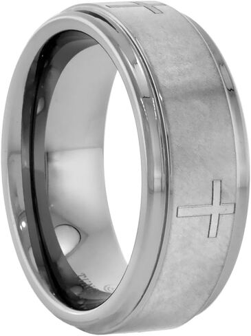 Sabrina Silver Tungsten Carbide 8 mm Flat Wedding Band Ring Satin finish Center Etched Crosses Recessed Edges sizes 7 to 14 in Saudi Arabia