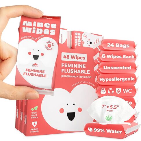 Impossibly Compact Travel Feminine Wipes - 99% Water and Aloe - pH Balanced, Period-Friendly & Ultra Soft - Travel Essentials for Women & Teens - Unscented - 8 Pack Total 48 Wipes in Saudi Arabia