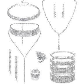 13 Pcs Rhinestone Jewelry Set for Women Wedding Costume Jewels Crystal Necklaces Tennis Bracelets Rings Earrings Set for Wedding Bride Party Accessory in Kuwait