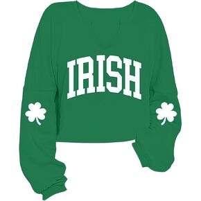 بلوزات نسائية لعيد القديس باتريك بأكمام طويلة وقمصان قصيرة لطيفة على شكل شامروك البرسيم ورقبة على شكل حرف V وقمصان جرافيك in Kuwait