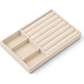 Jewelry Drawer Organizer Insert Box, Stackable Trays Velvet Jewelry Drawer Inserts, Ring Earring Stud Necklace Holder Display Storage Case(Beige, 8.3 x 4.9in) in Kuwait