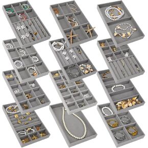 12Pcs Stackable Jewelry Organizer, 8.66 x 5.23 x 1.3 Inch Velvet Jewelry Tray with Removable Dividers, Jewelry Drawer Organizer, Jewelries Storage Display Case for Earring Necklace Bracelet Ring in Kuwait