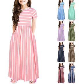 Girls Maxi Dress with Pockets Short Sleeve Crew Neck Stripe Long Dress Summer Casual Clothes 2-12 Years in Saudi Arabia
