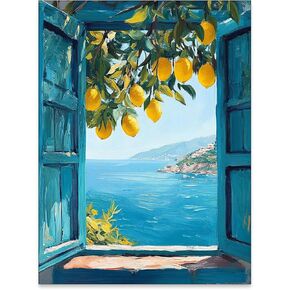 Mediterranean Window View Wall Art Coastal Lemon Tree Canvas Prints Blue Seascape Posters Modern Nature Landscape Pictures for Bedroom Living Room Office Decor 12x16 In Unframed in Saudi Arabia