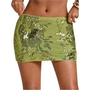 Women's Floral Sequin Mini Skirt Sparkly Bodycon Summer Night Out Club Party Skirts in Kuwait
