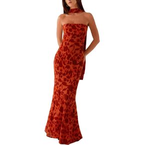 Women's Strapless Floral Dresses with Scarf Mesh Tube Maxi Dress Spring Summer Wedding Guest Cocktail Beach Party in Kuwait
