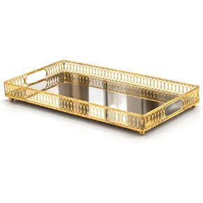 1-Pack Bar Cart Tray Decorative Mirrored Tray with Handles Gold for Jewelry Perfume Organizer Makeup and Bar Cart Tray Size: 13.7 x 9.8 inches in Saudi Arabia