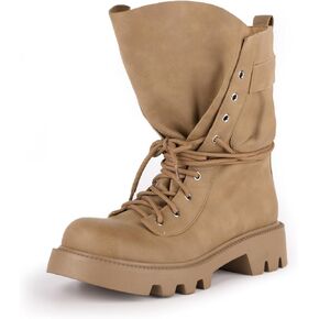 LISHAN Women's Platform Mid Calf Boots Round Toe Lace up Chunky Heel Booties Casual Dress Fall Winter Shoes in Kuwait