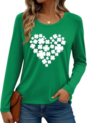 St Patrick's Day Shirt Women: Lucky St Patty's T-Shirts Shamrock Clover Irish Long Sleeve Blouse Tops in Saudi Arabia