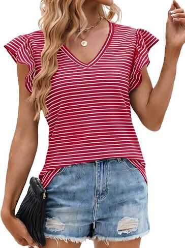 JUSTFASHIONNOW Womens Summer Tops Striped T-Shirts Ruffle Short Sleeve V Neck 2026 Casual Tee Trendy Blouses in Saudi Arabia