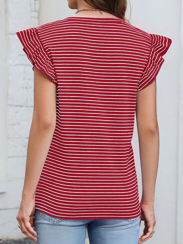 JUSTFASHIONNOW Womens Summer Tops Striped T-Shirts Ruffle Short Sleeve V Neck 2026 Casual Tee Trendy Blouses in Saudi Arabia