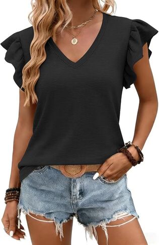 JUSTFASHIONNOW Womens Summer Tops Striped T-Shirts Ruffle Short Sleeve V Neck 2026 Casual Tee Trendy Blouses in Saudi Arabia