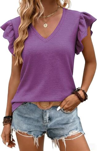 JUSTFASHIONNOW Womens Summer Tops Striped T-Shirts Ruffle Short Sleeve V Neck 2026 Casual Tee Trendy Blouses in Saudi Arabia