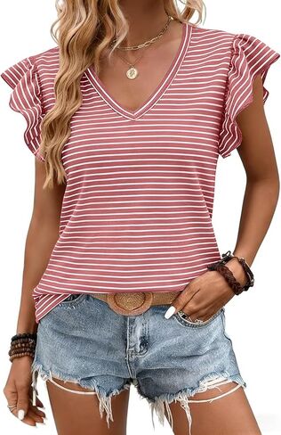 JUSTFASHIONNOW Womens Summer Tops Striped T-Shirts Ruffle Short Sleeve V Neck 2026 Casual Tee Trendy Blouses in Saudi Arabia