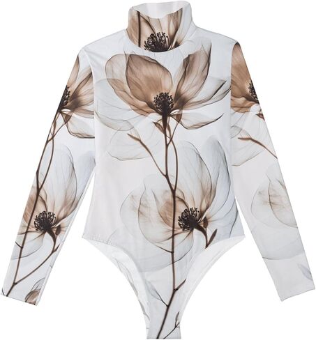 Bolaz Women's Mock Turtle Neck Long Sleeve Bodysuit T Shirts Body Suit Tops-Magnolia Flowers Watercolor，Going Out Tops in Saudi Arabia