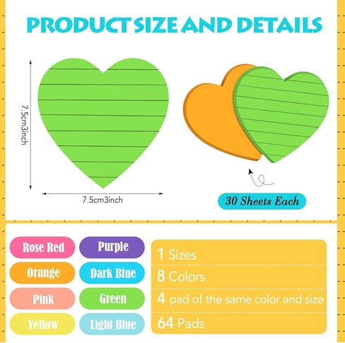 Yexiya 64 Packs Heart Lined Sticky Notes Teacher Valentine's Day Gifts Bright Assorted Colors Sticky Notes for Office Classroom Home, 1920 Sheets in Saudi Arabia