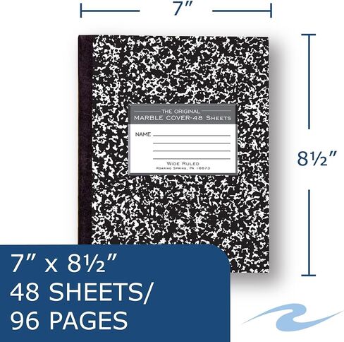 ROARING SPRING Flexible Cover Composition Notebook, 12 Books, Black Marble, Wide Ruled w/Margin, 48 Sheets (96 Pages), 8.5" × 7", Center-Sewn, Made in USA in Saudi Arabia