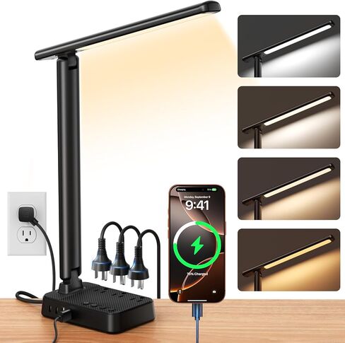 مصباح مكتب LED مع شريط طاقة، 3 منافذ تيار متردد و4 منافذ USB (2 USB-C)، تعتيم بدون خطوات وإضاءة مكتب للعناية بالعين 2800K-6500K، مصباح طاولة قابل للطي مع سلك بطول 5 أقدام للمكتب المنزلي، أساسيات غرفة النوم in Saudi Arabia