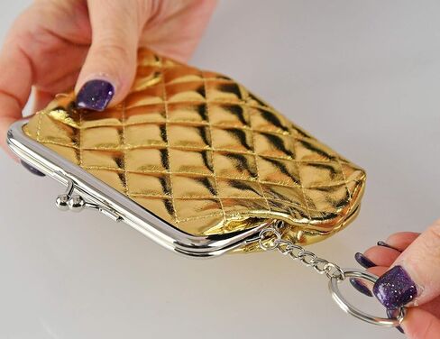 Home-X Metallic Quilted Coin Purse Clasp Closure, Pouch for Women, Miniature Handbag, Cute Wallet Pouch, Buckle Wallet-Gold-4 ¾"L x 4 ¼"H in Saudi Arabia