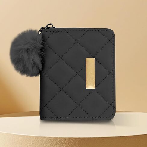 Women's PU Coin Purse with Fuzzy Ball Pendant, Zippered Change Wallet with 1 Pocket for Coins, Cash & Daily Use(Black) in Saudi Arabia