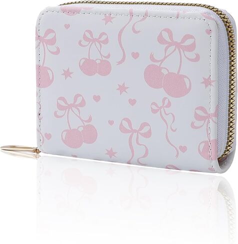 Denvin Small Wallet Women, Coin Purse, Credit Card Holder for Woman, Zipper Cute Coquettte Wallets Stuff with Bow (Little Cherry and Pink Bow) in Saudi Arabia
