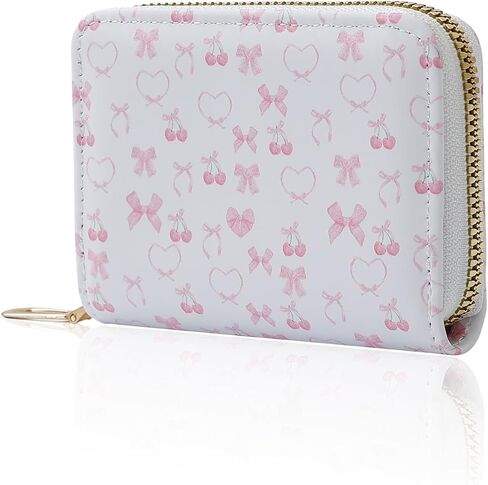 Denvin Small Wallet Women, Coin Purse, Credit Card Holder for Woman, Zipper Cute Coquettte Wallets Stuff with Bow (Little Cherry and Pink Bow) in Saudi Arabia